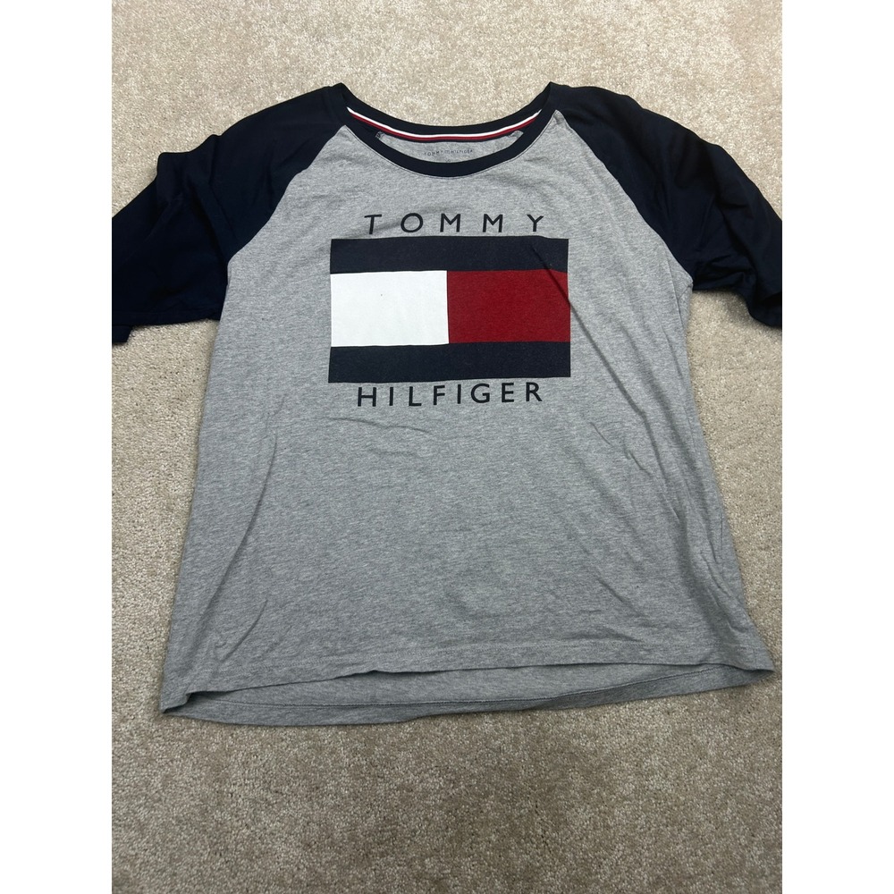 Tommy Hilfiger Logo Raglan T-Shirt L Gray Navy Americana Preppy Sporty Retro